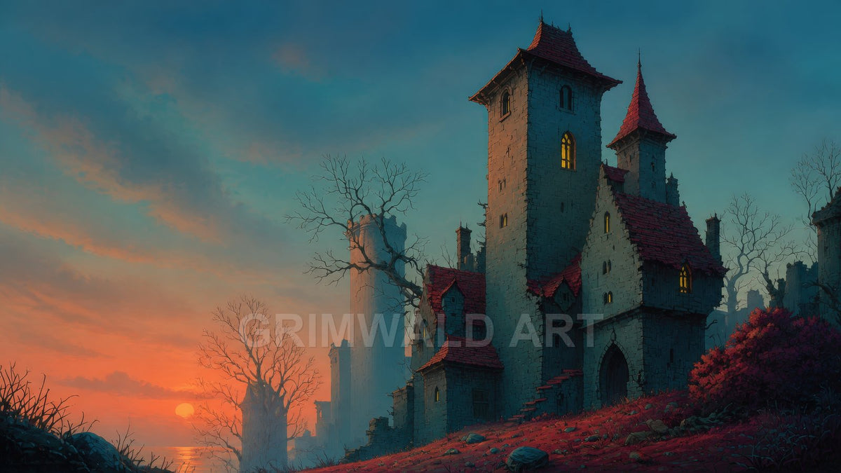 A tall stone castle with red roofs glows with warm windows at sunset, surrounded by bare trees, distant towers and red shrub-strewn moorland.