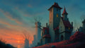 GRID THUMBNAIL — A tall stone castle with red roofs glows with warm windows at sunset, surrounded by bare trees, distant towers and red shrub-strewn moorland.