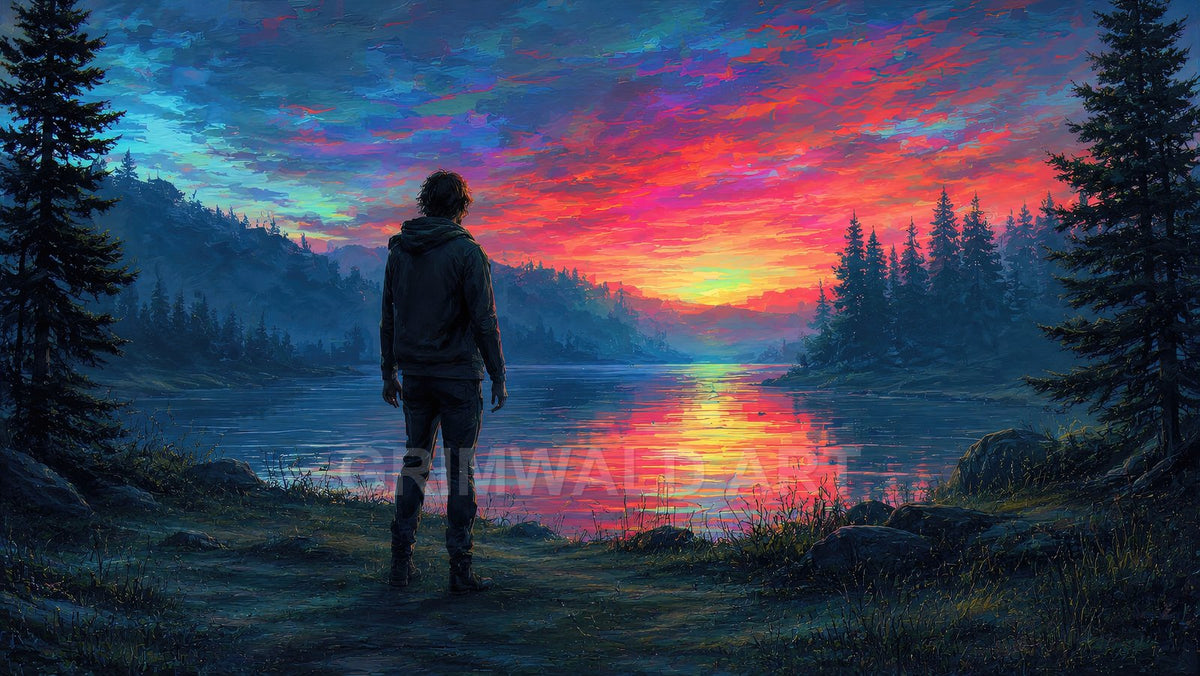 A silhouetted person stands on a forested lakeshore beneath a vivid multicoloured sunset, mountains and pines reflecting across the calm water.