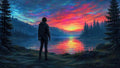 GRID THUMBNAIL — A silhouetted person stands on a forested lakeshore beneath a vivid multicoloured sunset, mountains and pines reflecting across the calm water.