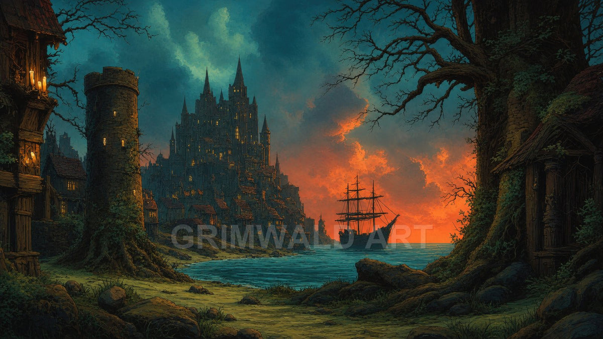 Fantasy coastal city with a towering castle glows at sunset, a three-masted ship offshore, candlelit windows and gnarled trees framing a rocky shore.