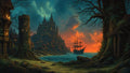 GRID THUMBNAIL — Fantasy coastal city with a towering castle glows at sunset, a three-masted ship offshore, candlelit windows and gnarled trees framing a rocky shore.