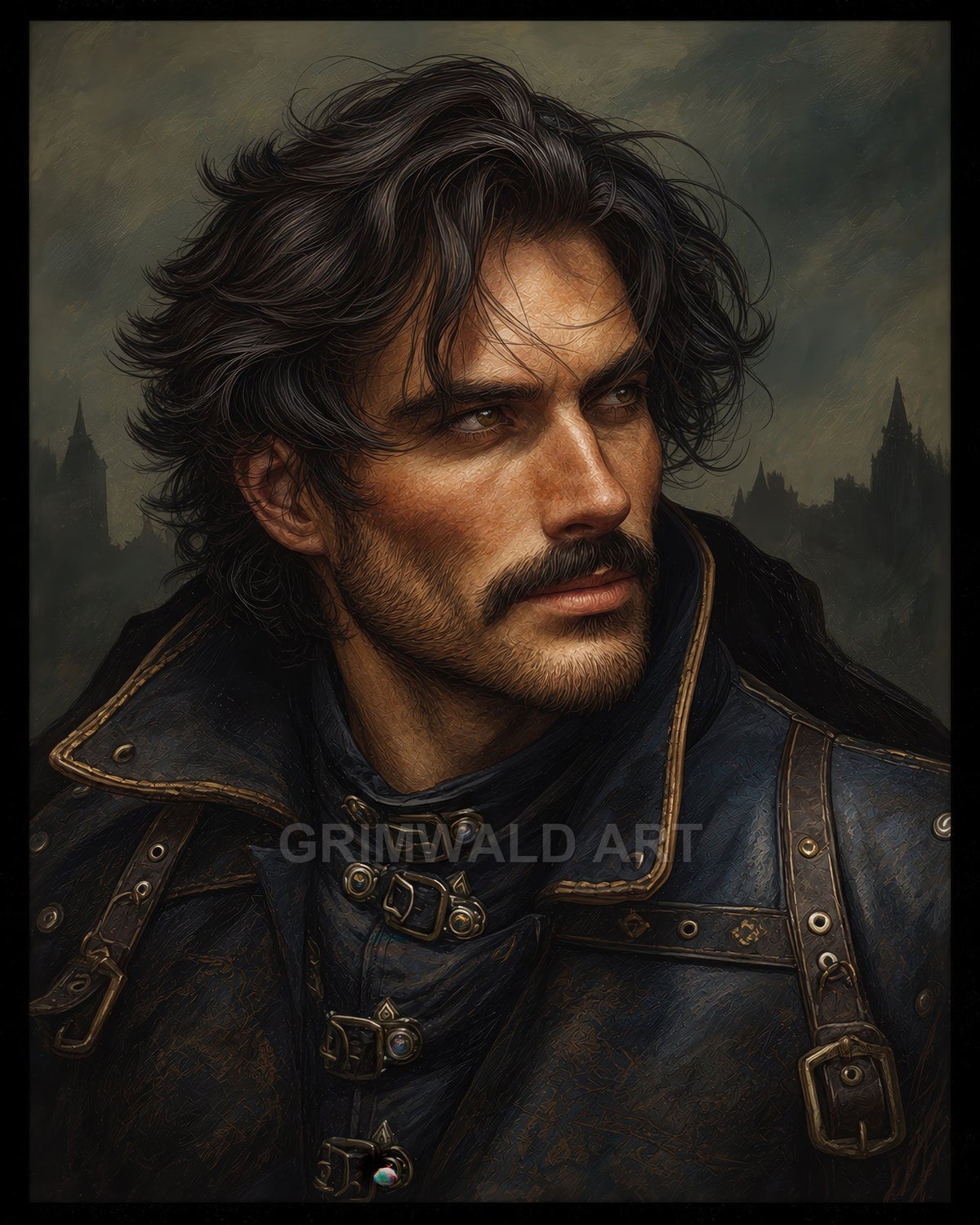 Portrait of a brooding male adventurer in a buckled leather coat, gazing sideways before a misty gothic city skyline under moody twilight.