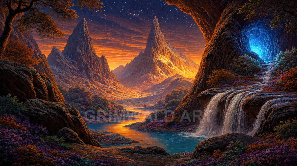 Fantasy landscape of spire-like mountains at sunset, winding river and tiered waterfall beside a glowing blue cave under a starry twilight sky.