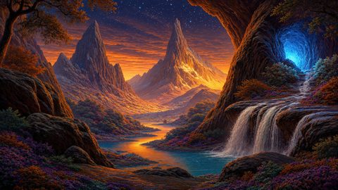 GRID THUMBNAIL — Fantasy landscape of spire-like mountains at sunset, winding river and tiered waterfall beside a glowing blue cave under a starry twilight sky.