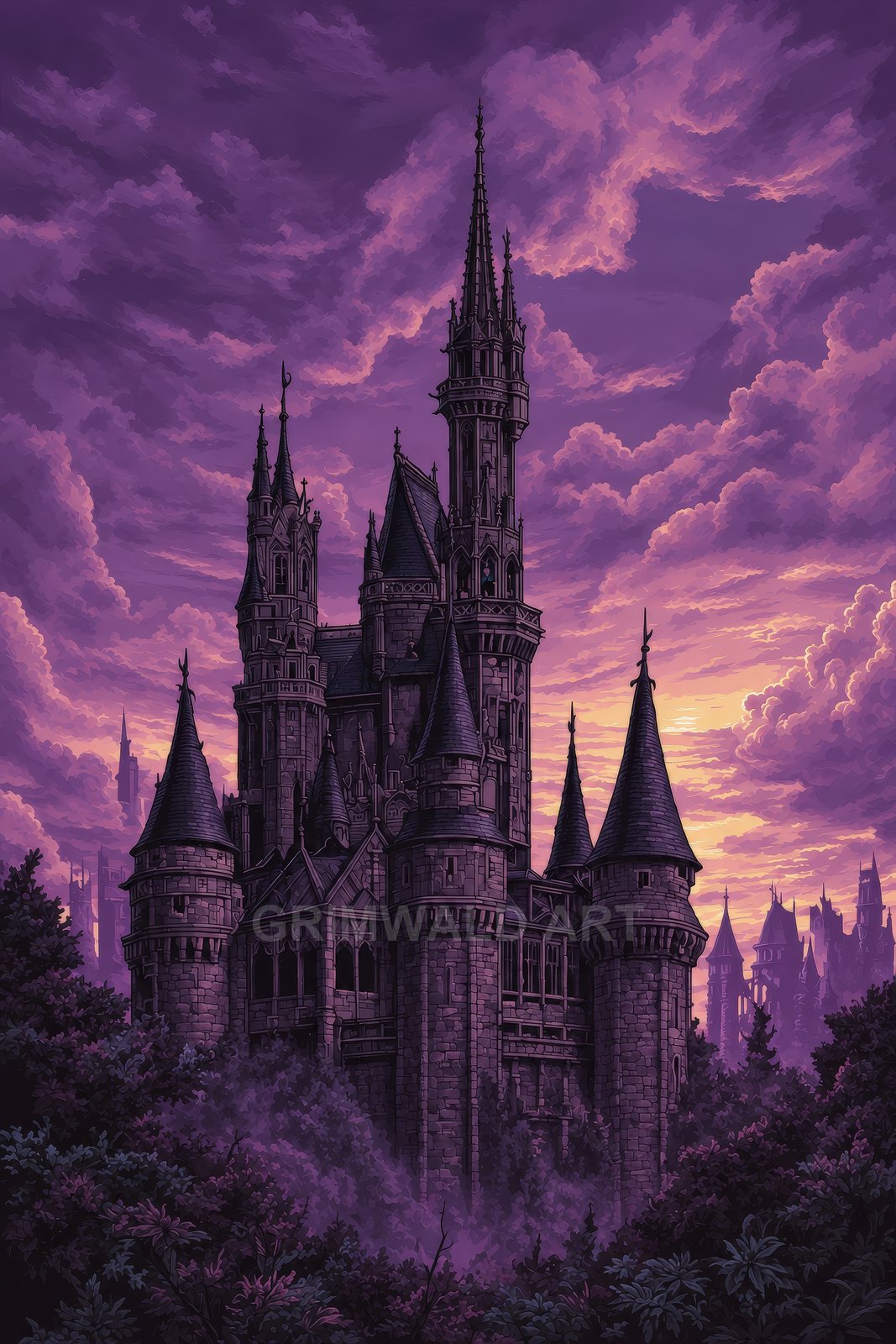 Gothic fantasy castle with tall spires rises above a dark forest under a vivid purple sunset sky with dramatic clouds and distant turrets.