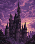 GRID THUMBNAIL — Gothic fantasy castle with tall spires rises above a dark forest under a vivid purple sunset sky with dramatic clouds and distant turrets.