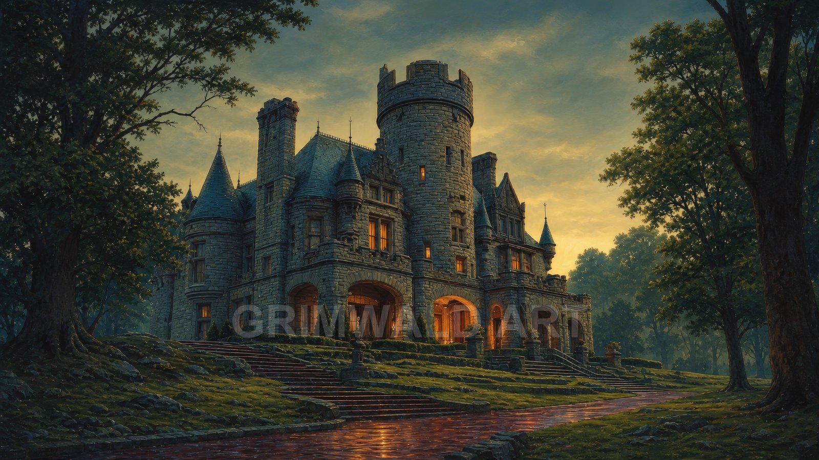 A grand stone castle with turrets and glowing windows stands among tall trees at twilight, a wet winding path leading up to its arched entrance.
