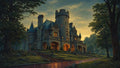 GRID THUMBNAIL — A grand stone castle with turrets and glowing windows stands among tall trees at twilight, a wet winding path leading up to its arched entrance.
