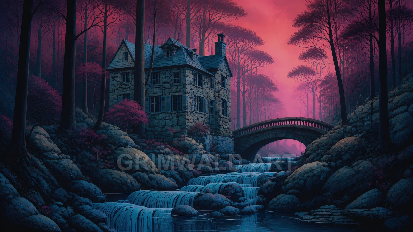 A stone manor beside cascading forest waterfalls, with an arched bridge and tall trees under a magenta twilight sky in a moody fantasy scene.
