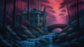 GRID THUMBNAIL — A stone manor beside cascading forest waterfalls, with an arched bridge and tall trees under a magenta twilight sky in a moody fantasy scene.
