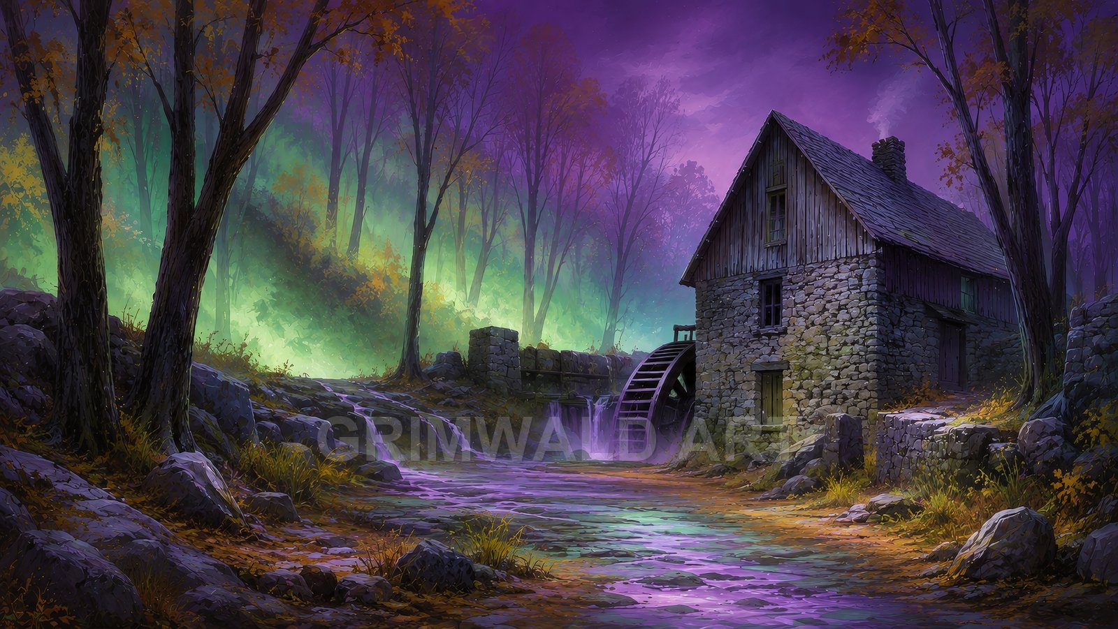 Stone watermill beside a shallow stream in an autumn forest, purple twilight sky and glowing mist, waterwheel turning by small cascades.