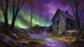 GRID THUMBNAIL — Stone watermill beside a shallow stream in an autumn forest, purple twilight sky and glowing mist, waterwheel turning by small cascades.