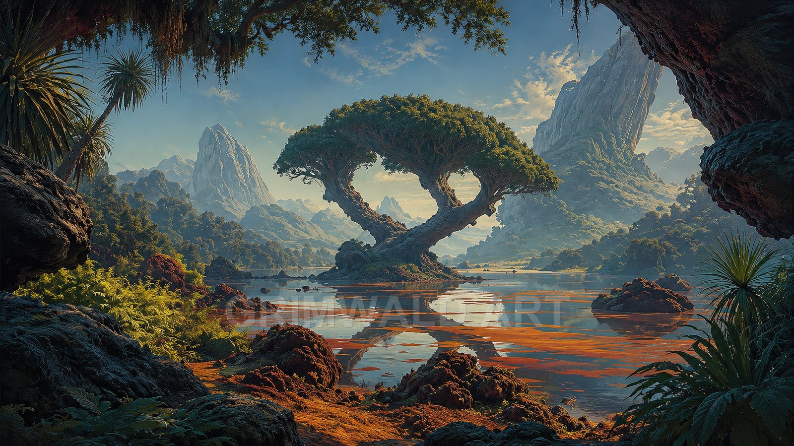 A fantastical twin-trunk tree arches above a reflective lake, orange-streaked shallows, lush foliage and towering mountains glowing in warm golden-hour light.
