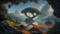 GRID THUMBNAIL — A fantastical twin-trunk tree arches above a reflective lake, orange-streaked shallows, lush foliage and towering mountains glowing in warm golden-hour light.