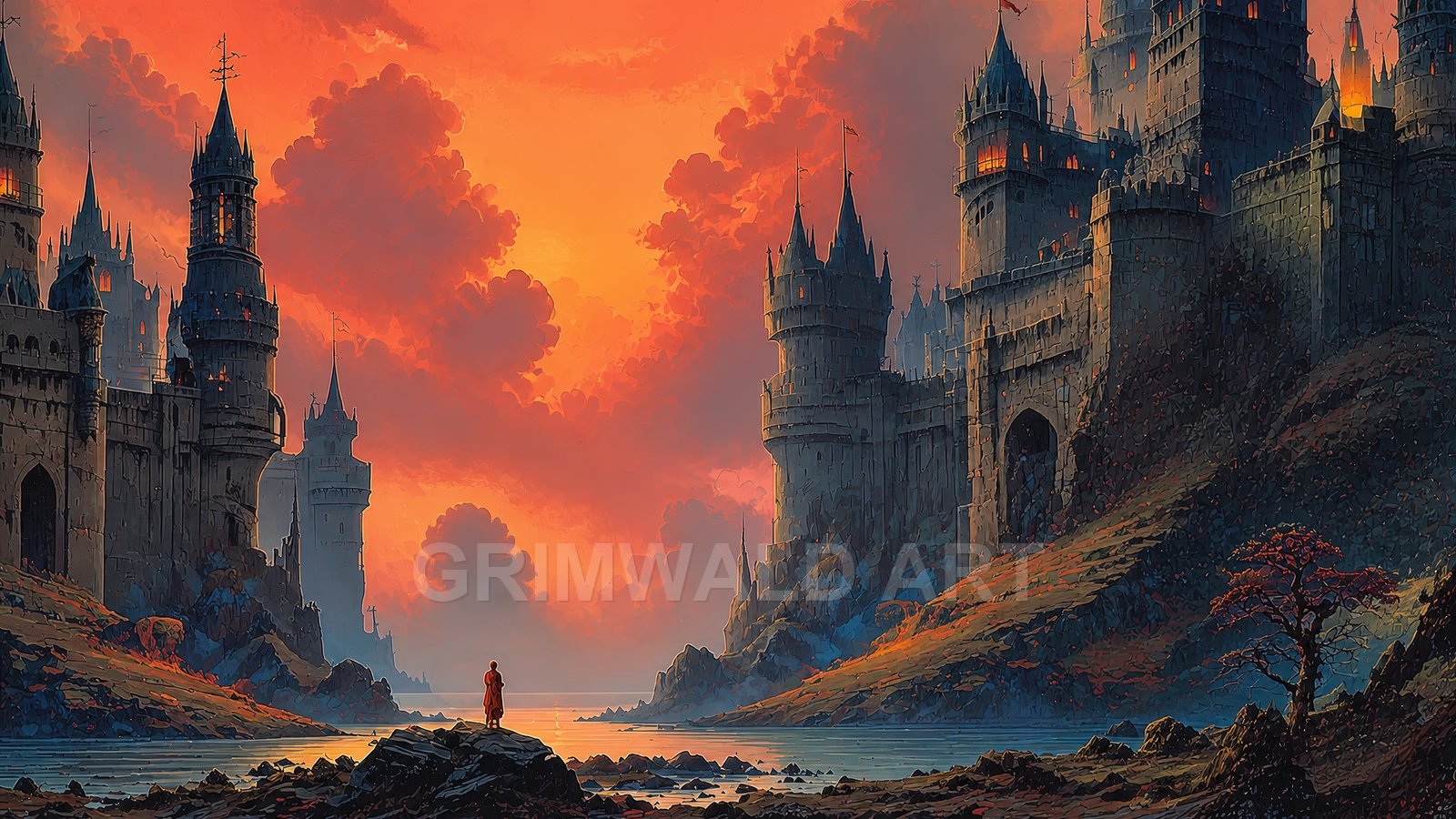 Two immense medieval castles rise over a narrow river at fiery sunset, with a lone cloaked figure on rocks beneath glowing windows.