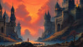 GRID THUMBNAIL — Two immense medieval castles rise over a narrow river at fiery sunset, with a lone cloaked figure on rocks beneath glowing windows.