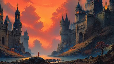 GRID THUMBNAIL — Two immense medieval castles rise over a narrow river at fiery sunset, with a lone cloaked figure on rocks beneath glowing windows.