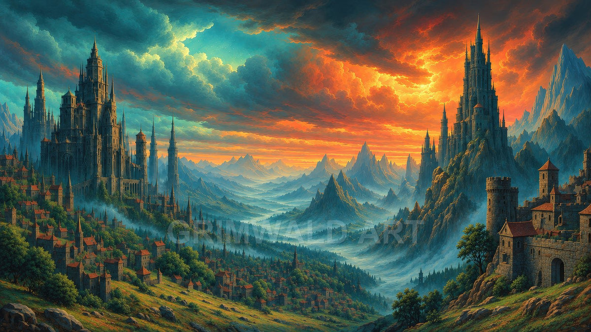 Vast fantasy valley with two towering gothic castles, countless spires and villages, misty blue mountains and dramatic orange sunset clouds.