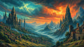 GRID THUMBNAIL — Vast fantasy valley with two towering gothic castles, countless spires and villages, misty blue mountains and dramatic orange sunset clouds.
