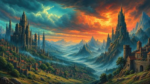 GRID THUMBNAIL — Vast fantasy valley with two towering gothic castles, countless spires and villages, misty blue mountains and dramatic orange sunset clouds.