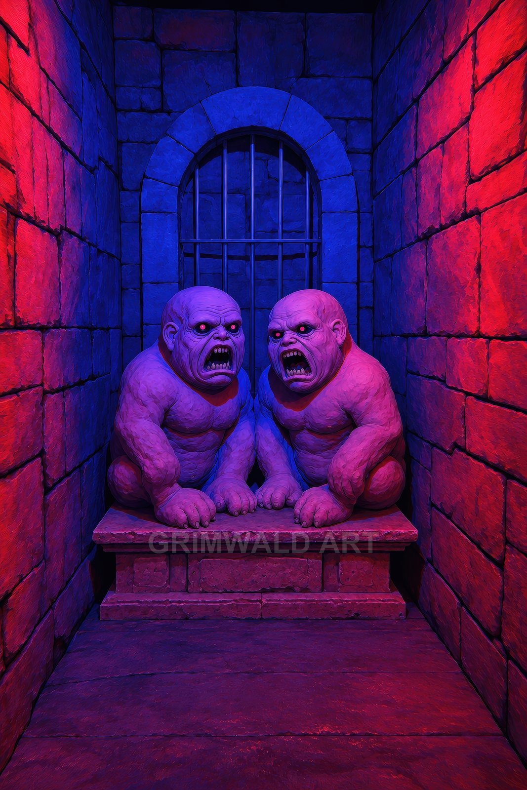 Two snarling demonic twins crouch on a stone plinth in a narrow dungeon alcove before iron bars, lit by eerie red and blue light.