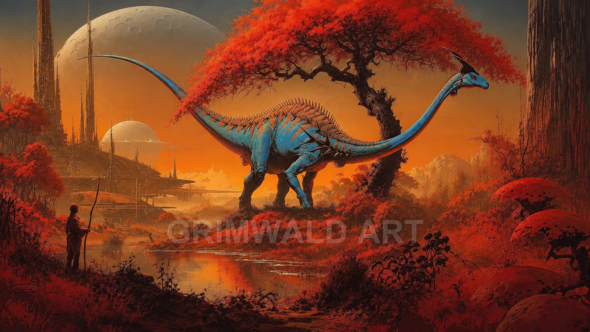 A blue, spined long-necked creature stands by a reflective river on an alien world, beneath twin moons and futuristic spires among red trees.
