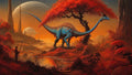 GRID THUMBNAIL — A blue, spined long-necked creature stands by a reflective river on an alien world, beneath twin moons and futuristic spires among red trees.