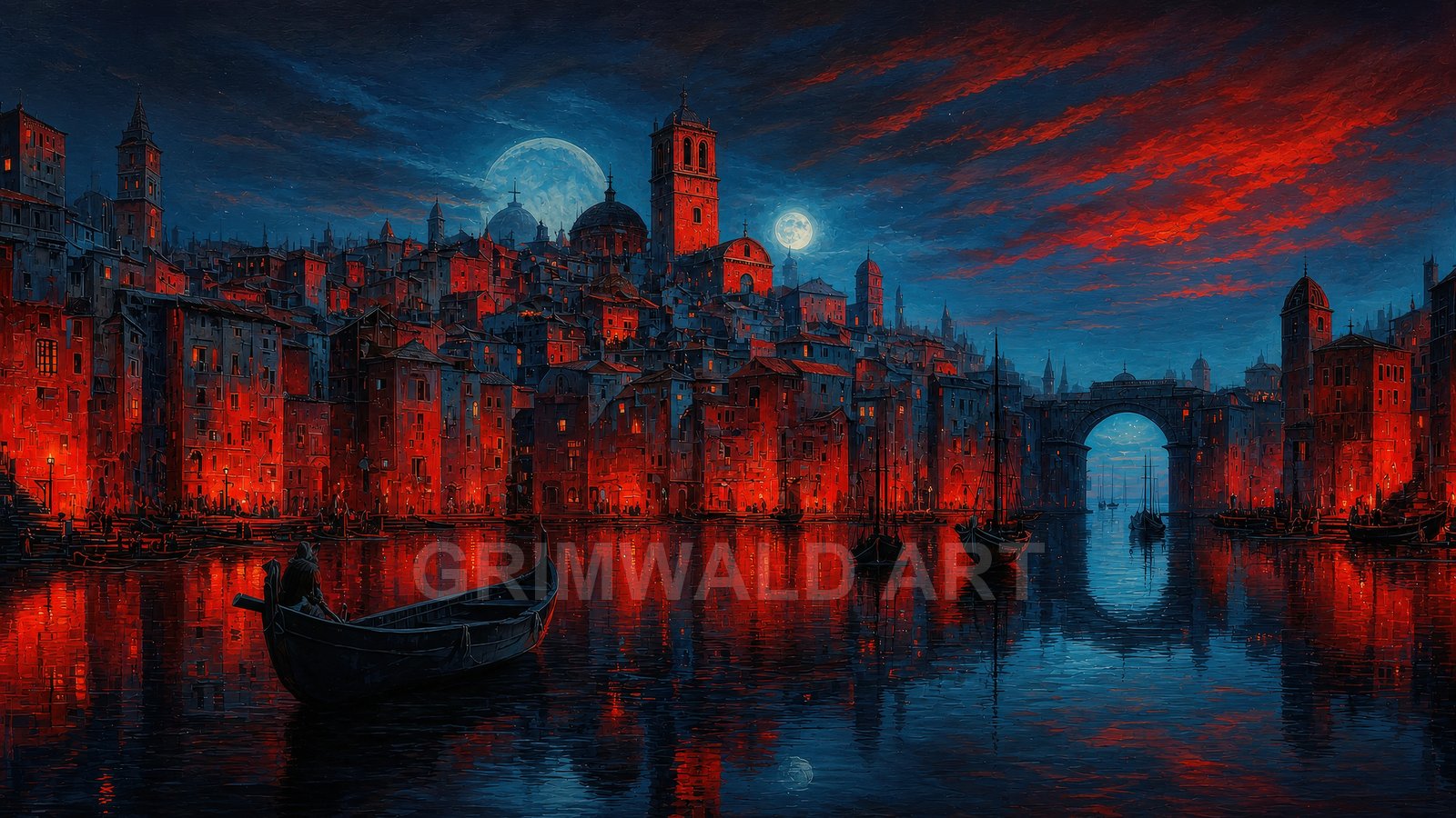 Night-time fantasy canal city glowing with red lanterns, an arched bridge and boats on reflective water beneath twin moons and dramatic blue-red clouds.