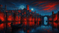 GRID THUMBNAIL — Night-time fantasy canal city glowing with red lanterns, an arched bridge and boats on reflective water beneath twin moons and dramatic blue-red clouds.