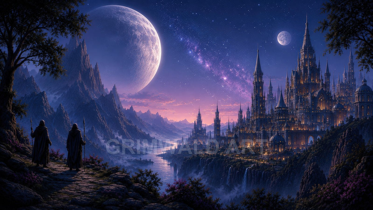 Vast fantasy city of illuminated spires beside a river and waterfalls at twilight, under twin moons and starry sky, with mountains and cloaked figures.
