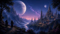 GRID THUMBNAIL — Vast fantasy city of illuminated spires beside a river and waterfalls at twilight, under twin moons and starry sky, with mountains and cloaked figures.