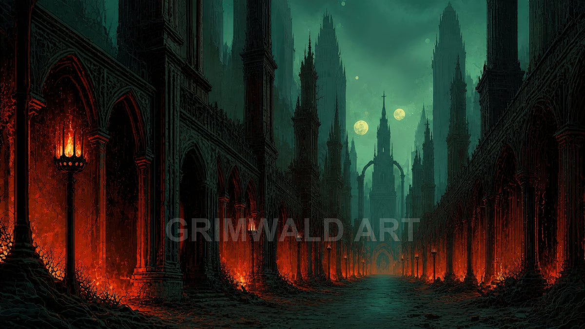 A dark gothic cityscape with towering spires and arched colonnades, fiery braziers lining a deserted avenue beneath a teal sky with twin moons.