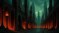 GRID THUMBNAIL — A dark gothic cityscape with towering spires and arched colonnades, fiery braziers lining a deserted avenue beneath a teal sky with twin moons.