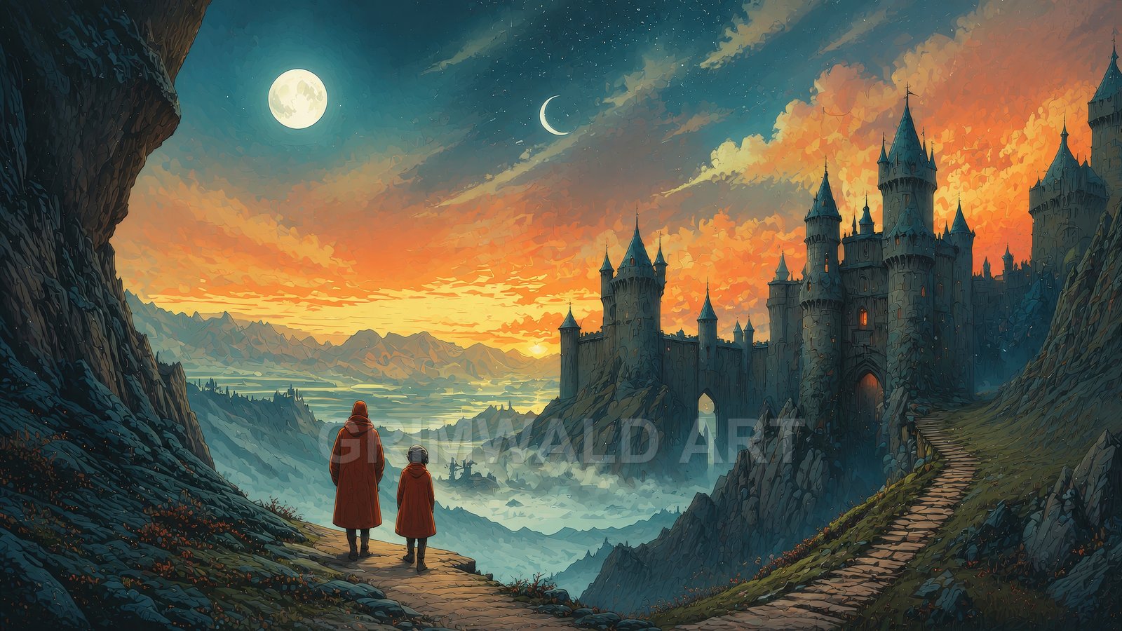A vast fantasy landscape with a towering cliffside castle, twin moons, glowing windows, misty valleys and a winding mountain path with two cloaked travellers.