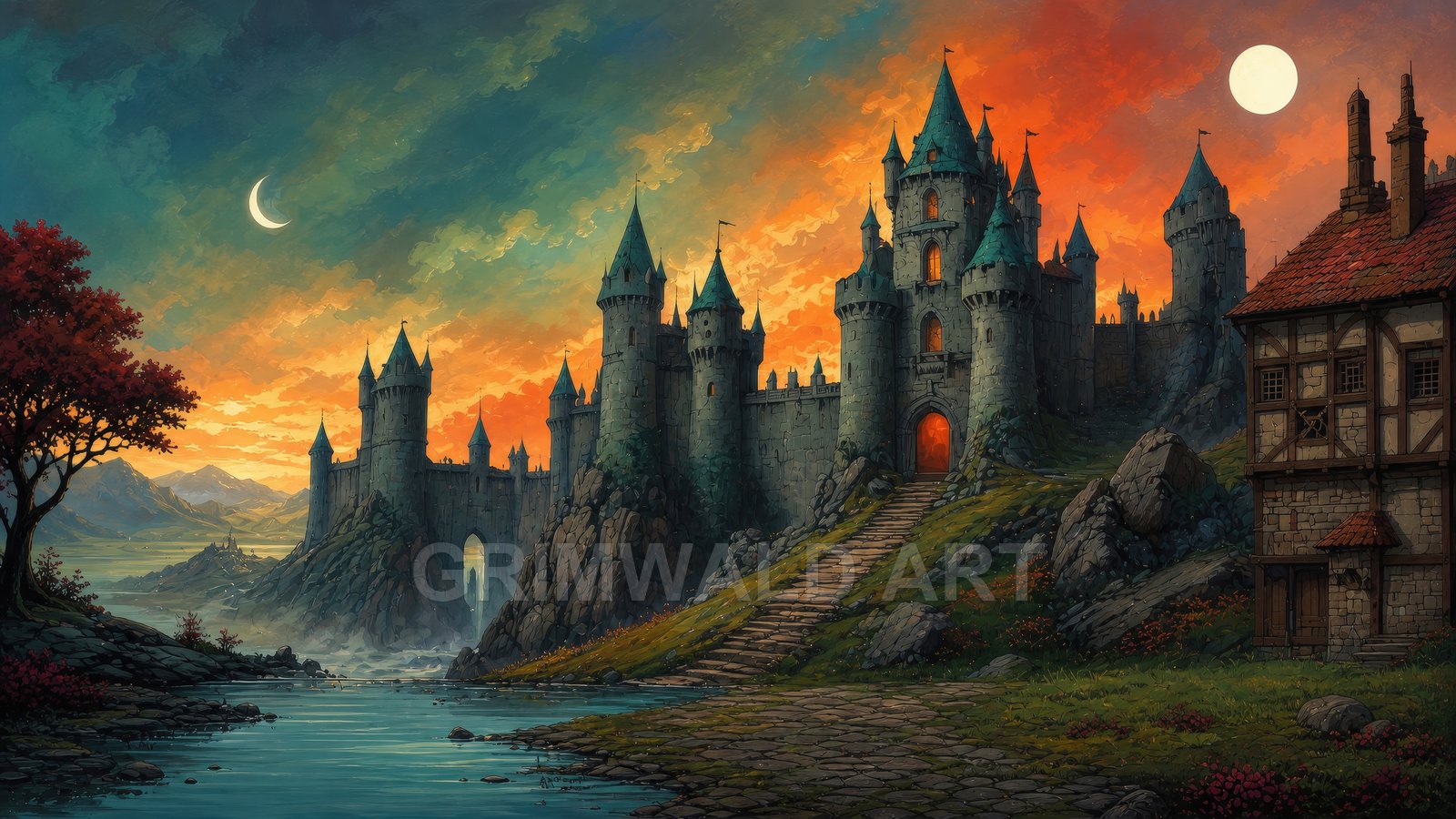 A grand stone castle with teal spires rises beside a river at sunset, twin moons above, with cobbled path and timbered house foreground.