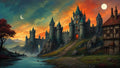 GRID THUMBNAIL — A grand stone castle with teal spires rises beside a river at sunset, twin moons above, with cobbled path and timbered house foreground.