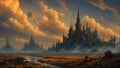 GRID THUMBNAIL — Gothic fantasy castle-city of countless spires under glowing golden clouds and two moons, overlooking a misty plain with reflective water channels.