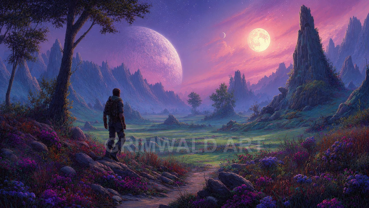 A lone traveller stands on a flowered hillside overlooking a purple twilight valley with jagged mountains and two luminous moons on the horizon.