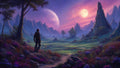 GRID THUMBNAIL — A lone traveller stands on a flowered hillside overlooking a purple twilight valley with jagged mountains and two luminous moons on the horizon.
