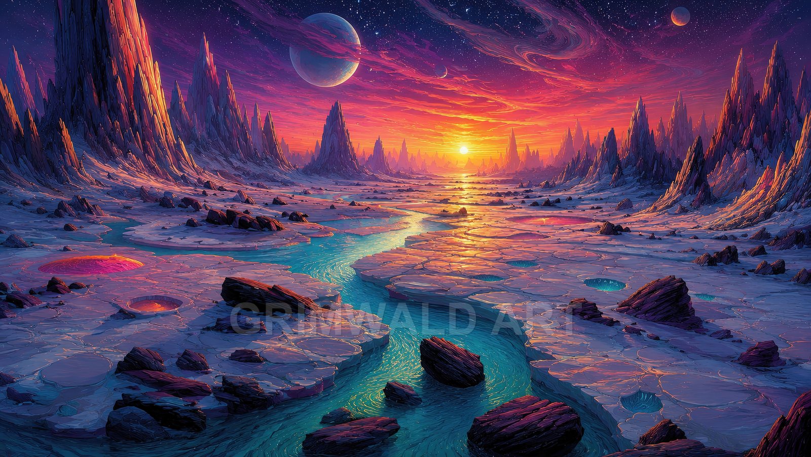 Alien world with jagged spires, a turquoise river across cracked plains, glowing pits, twin moons, and a vivid sunset sky.