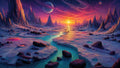 GRID THUMBNAIL — Alien world with jagged spires, a turquoise river across cracked plains, glowing pits, twin moons, and a vivid sunset sky.