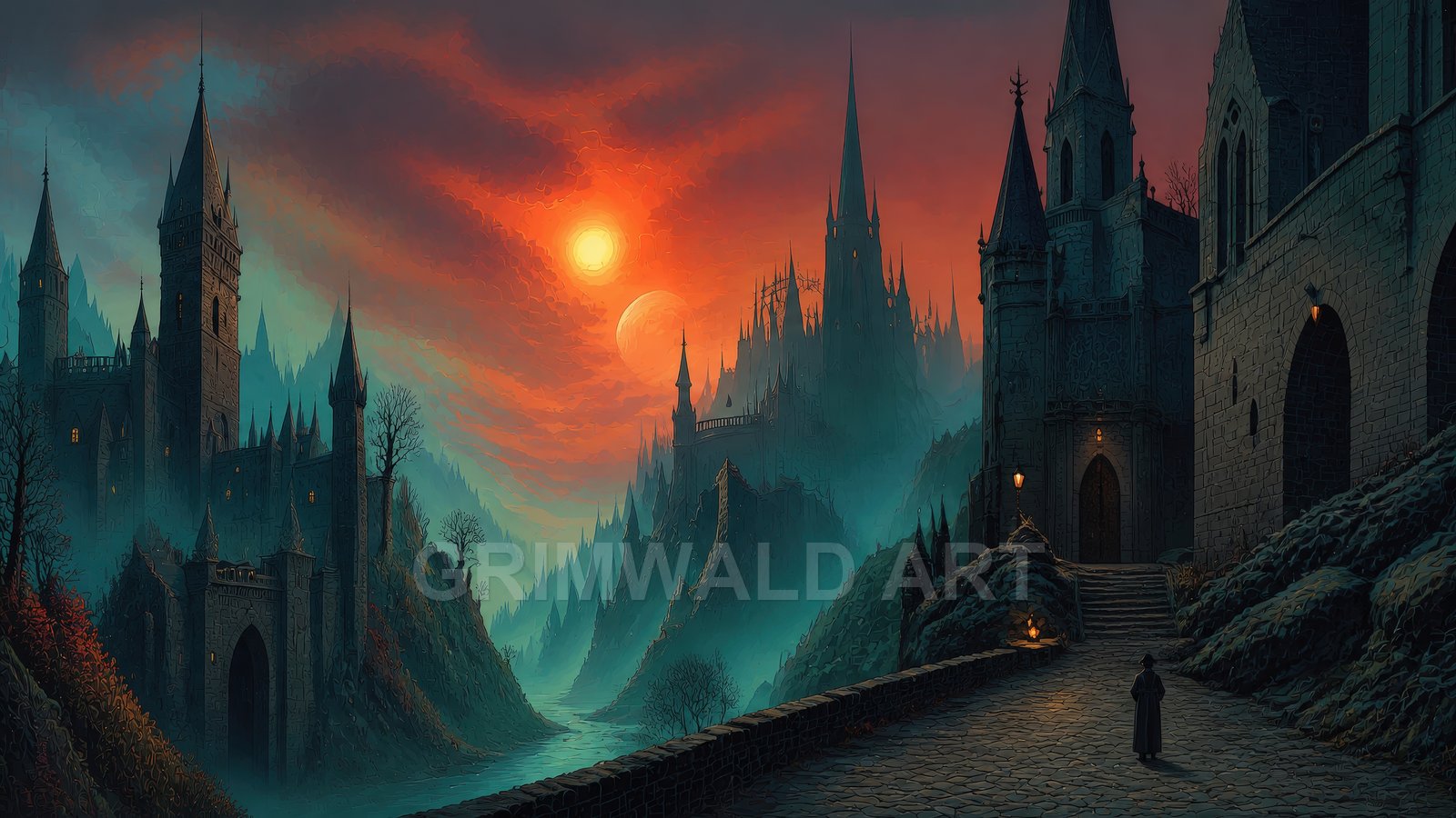 Gothic castles and spires rise over a misted river valley at sunset beneath twin suns, with a lone robed figure on a lamplit cobbled path.