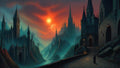 GRID THUMBNAIL — Gothic castles and spires rise over a misted river valley at sunset beneath twin suns, with a lone robed figure on a lamplit cobbled path.