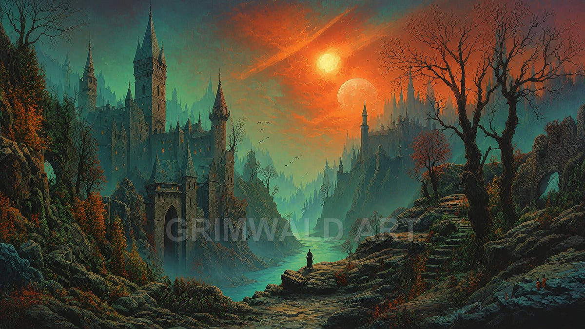 A misty valley of gothic castles and ruins under an orange twin sun and moon sky, with a river winding past rocky trees.