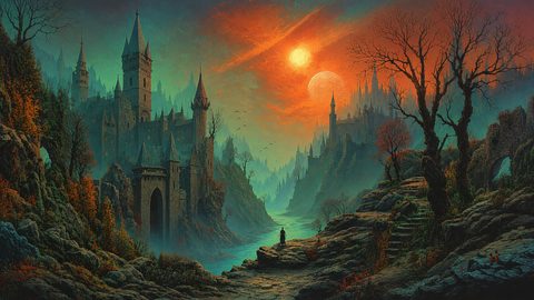 GRID THUMBNAIL — A misty valley of gothic castles and ruins under an orange twin sun and moon sky, with a river winding past rocky trees.