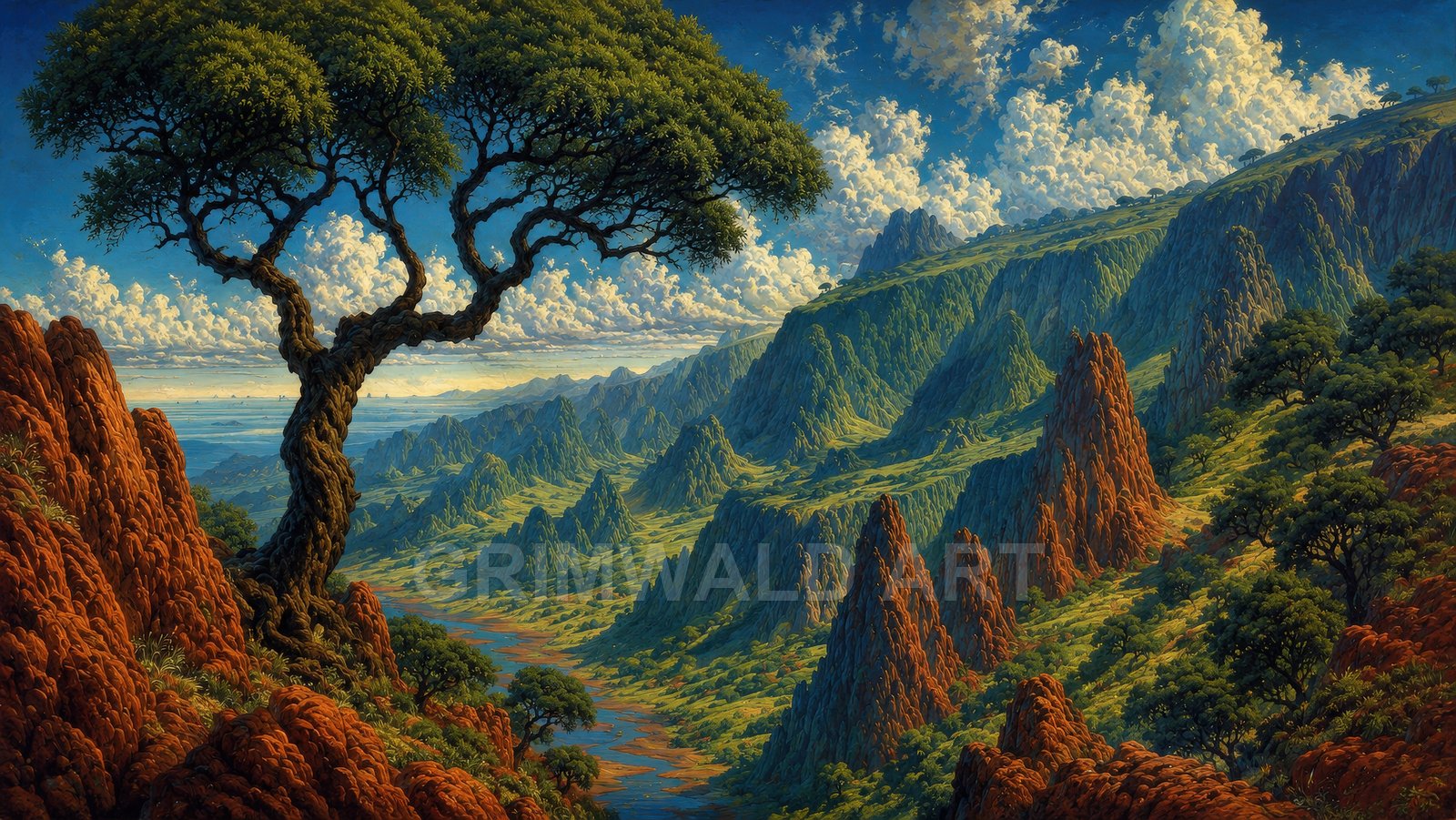 A gnarled tree overlooks a vast green mountain valley with red rock spires, winding river, and billowing clouds under warm daylight.