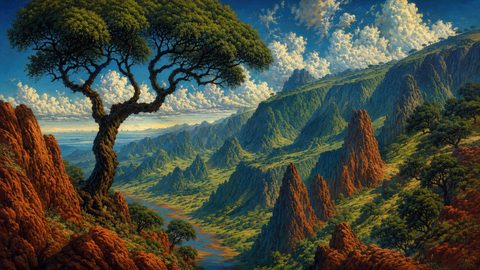 GRID THUMBNAIL — A gnarled tree overlooks a vast green mountain valley with red rock spires, winding river, and billowing clouds under warm daylight.