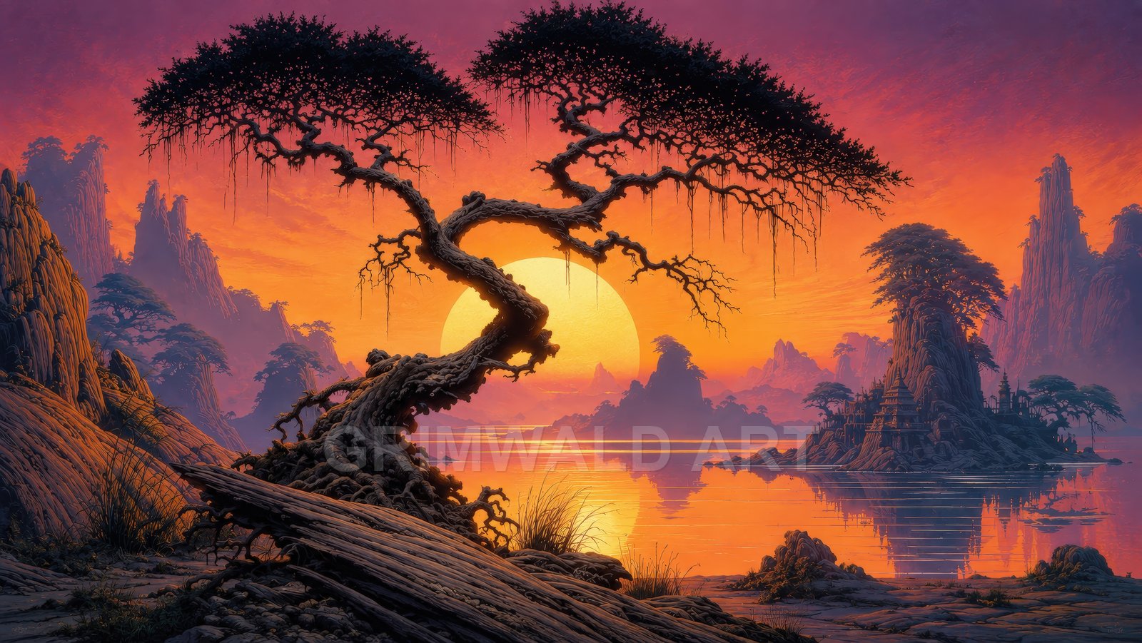 Twisted windswept tree frames a vast orange sun above a still lake, with distant temple-topped islands and jagged mountains under purple twilight.