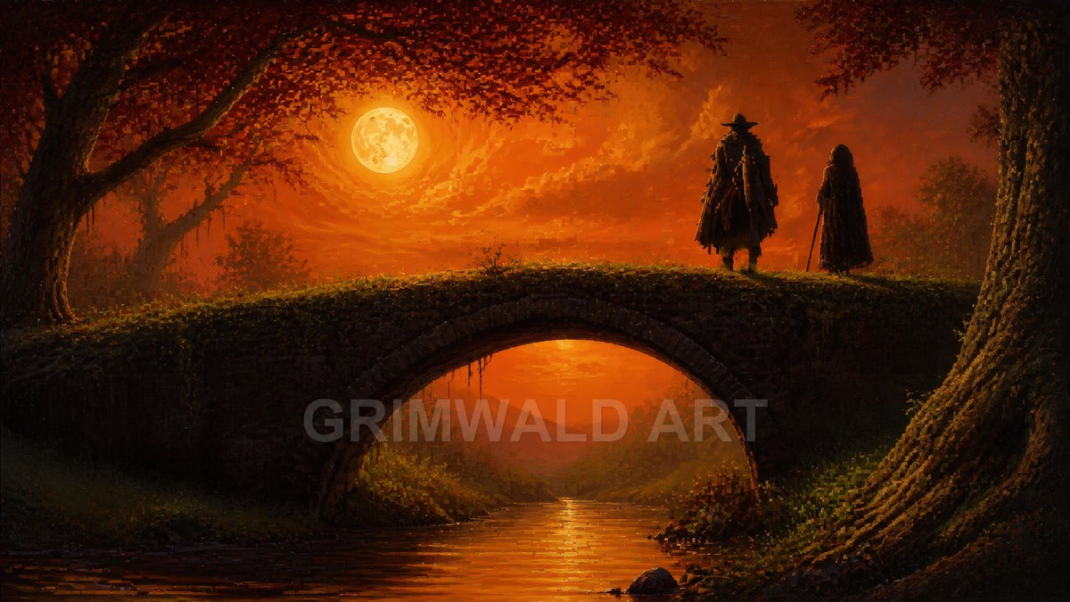 Two cloaked figures stand on an old stone arch bridge over a reflective river beneath an orange sky with a glowing full moon.